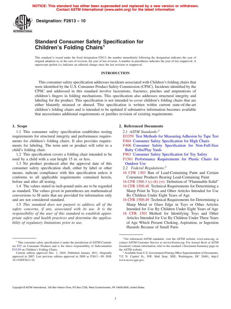 ASTM F2613-10 - Standard Consumer Safety Specification for Children's Folding Chairs