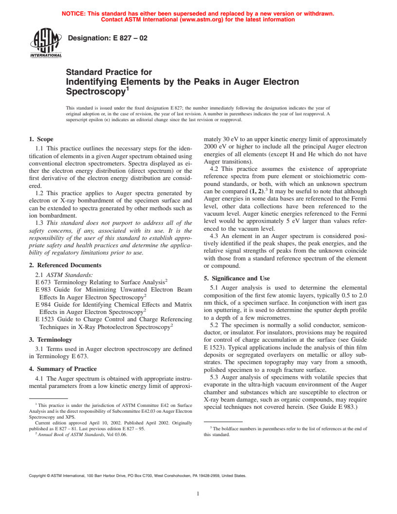 ASTM E827-02 - Standard Practice for Indentifying Elements by the Peaks in Auger Electron Spectroscopy