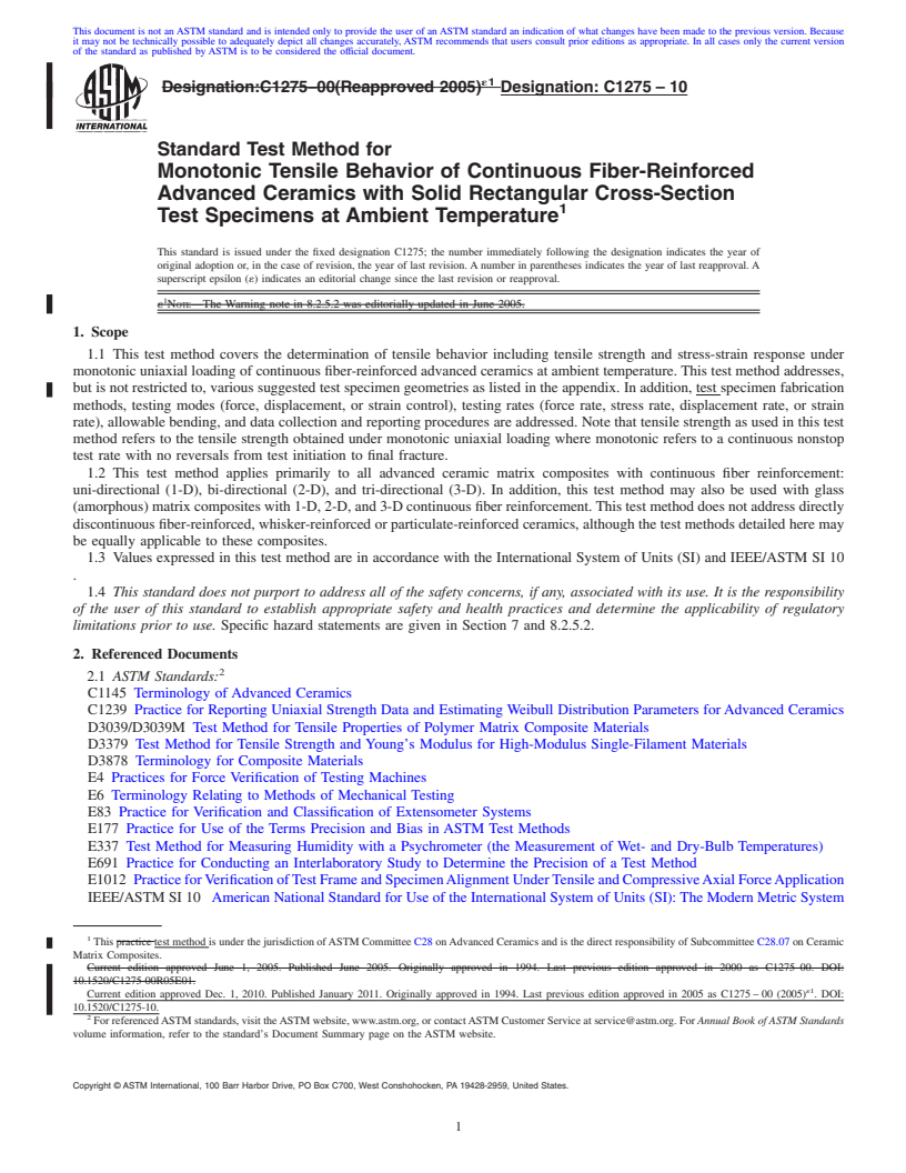 REDLINE ASTM C1275-10 - Standard Test Method for Monotonic Tensile Behavior of Continuous Fiber-Reinforced Advanced Ceramics with Solid Rectangular Cross-Section Test Specimens at Ambient Temperature