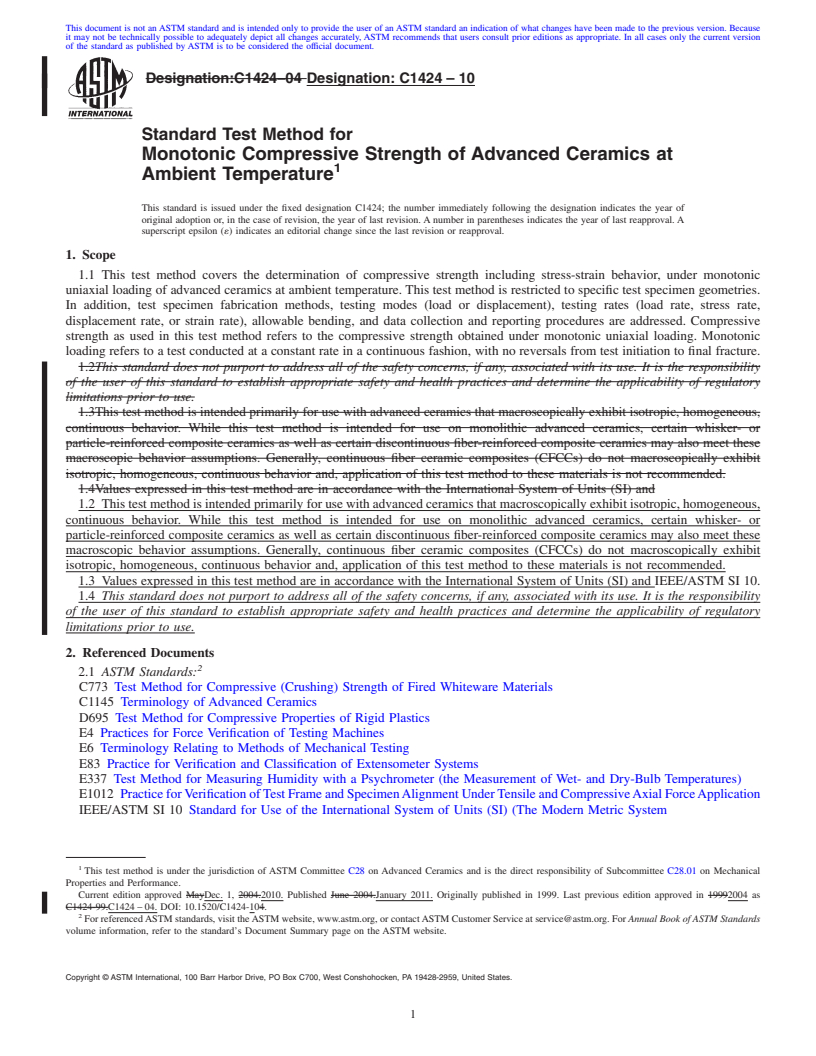 REDLINE ASTM C1424-10 - Standard Test Method for Monotonic Compressive Strength of Advanced Ceramics at Ambient Temperature