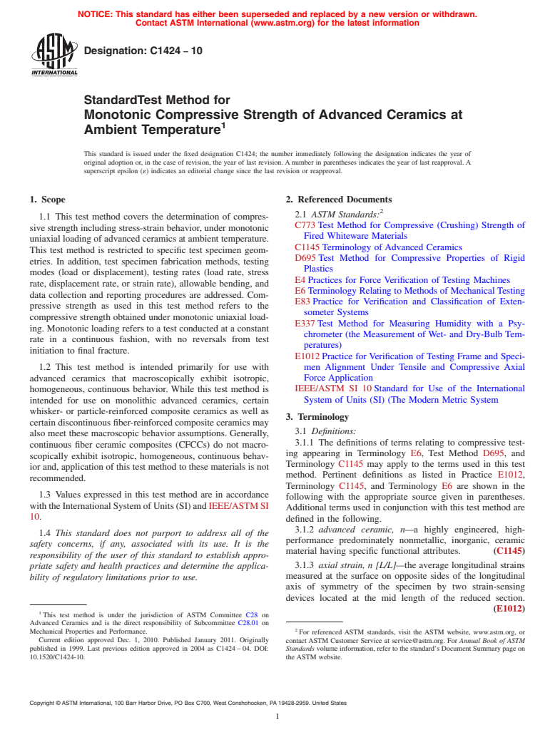 ASTM C1424-10 - Standard Test Method for Monotonic Compressive Strength of Advanced Ceramics at Ambient Temperature