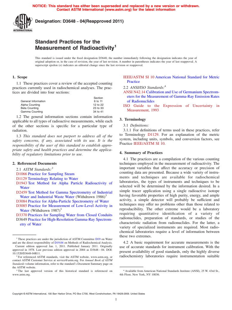 ASTM D3648-04(2011) - Standard Practices for the Measurement of Radioactivity