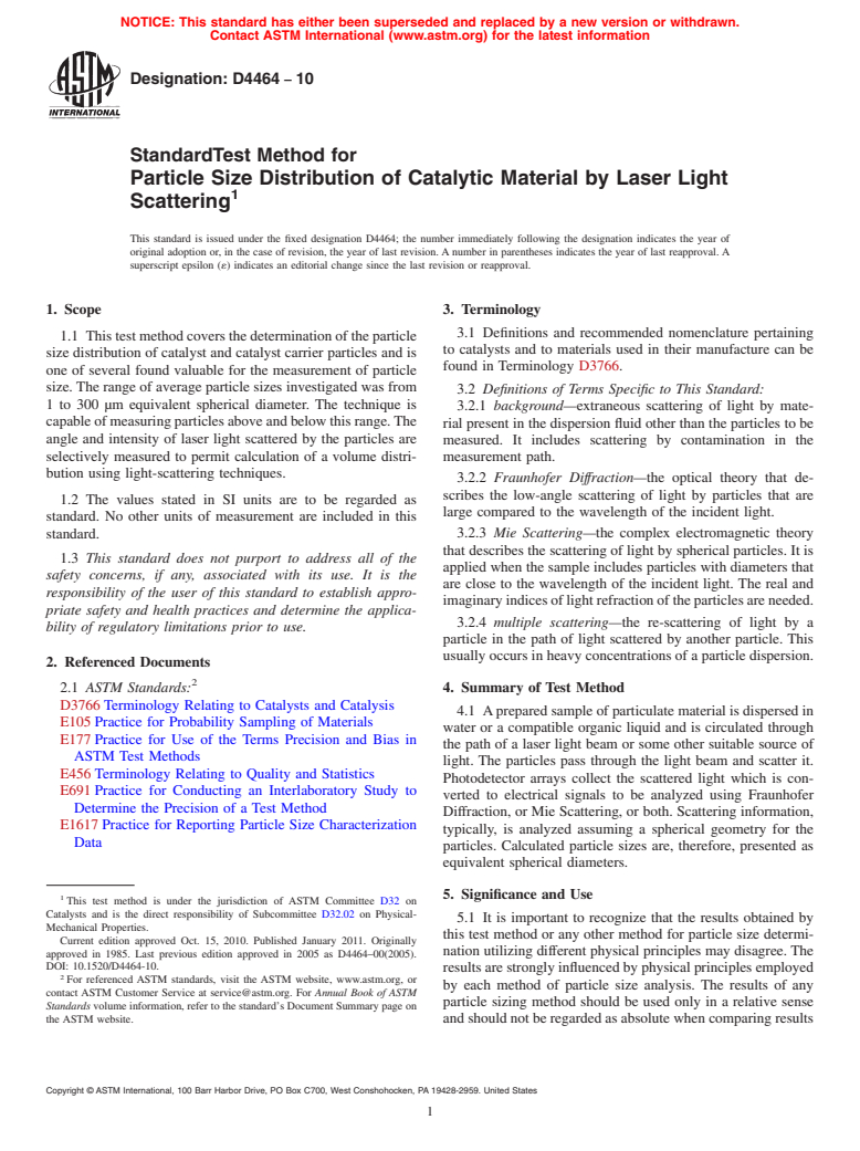 ASTM D4464-10 - Standard Test Method for Particle Size Distribution of Catalytic Material by Laser Light Scattering