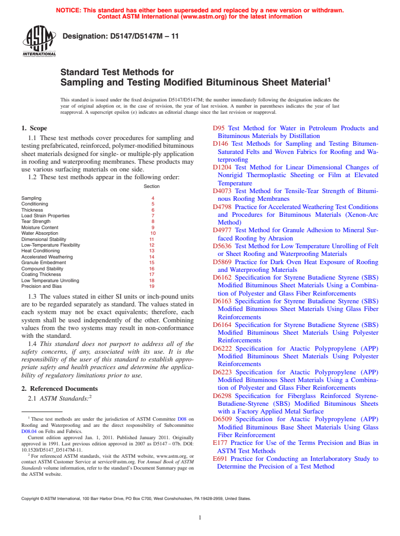 ASTM D5147/D5147M-11 - Standard Test Methods for Sampling and Testing Modified Bituminous Sheet Material