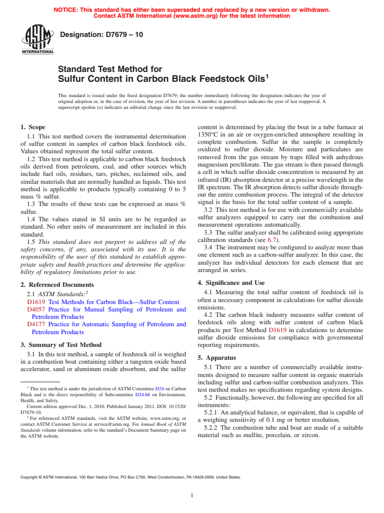 ASTM D7679-10 - Standard Test Method for Sulfur Content in Carbon Black Feedstock Oils