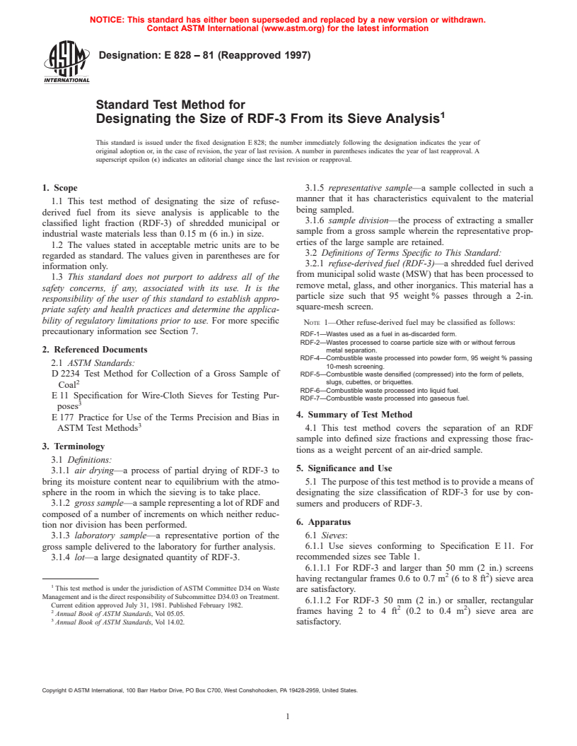 ASTM E828-81(1997) - Standard Test Method for Designating the Size of RDF-3 From its Sieve Analysis