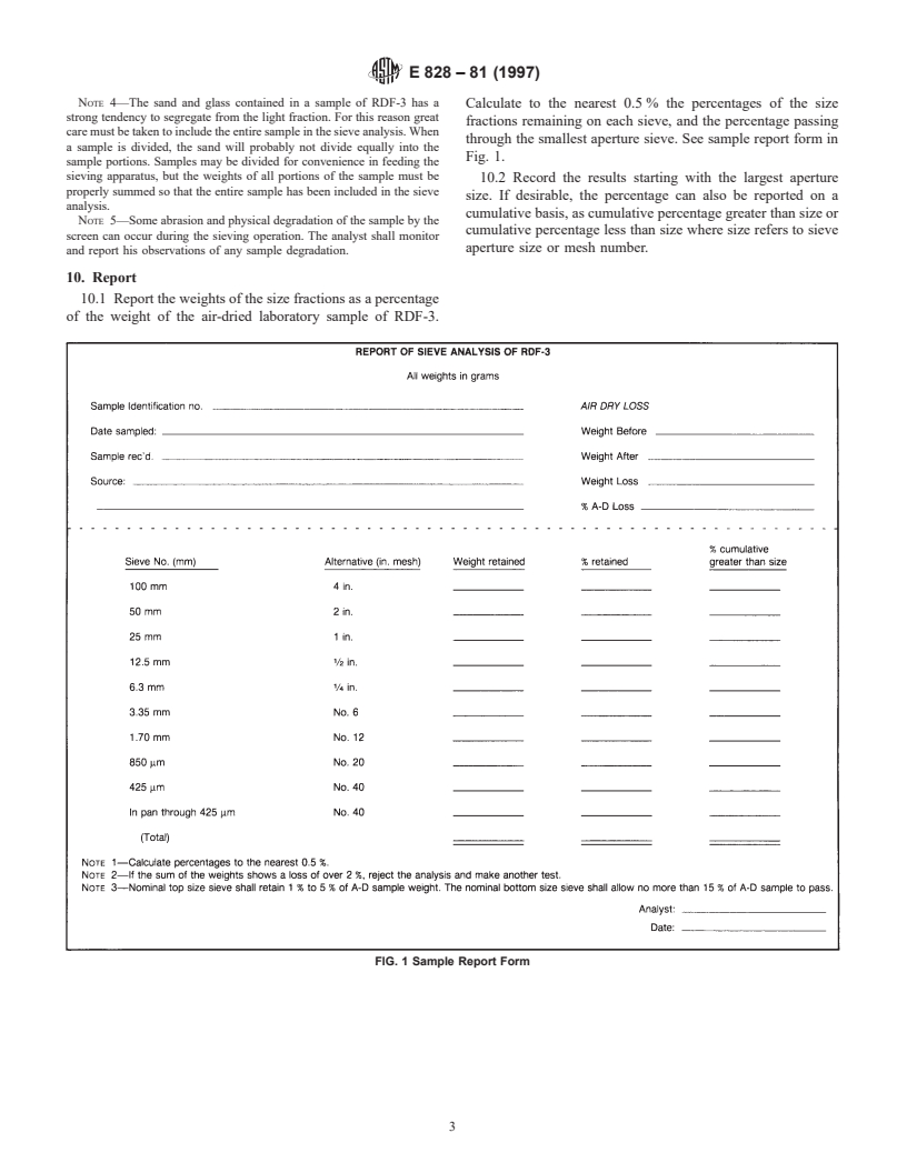 ASTM E828-81(1997) - Standard Test Method for Designating the Size of RDF-3 From its Sieve Analysis