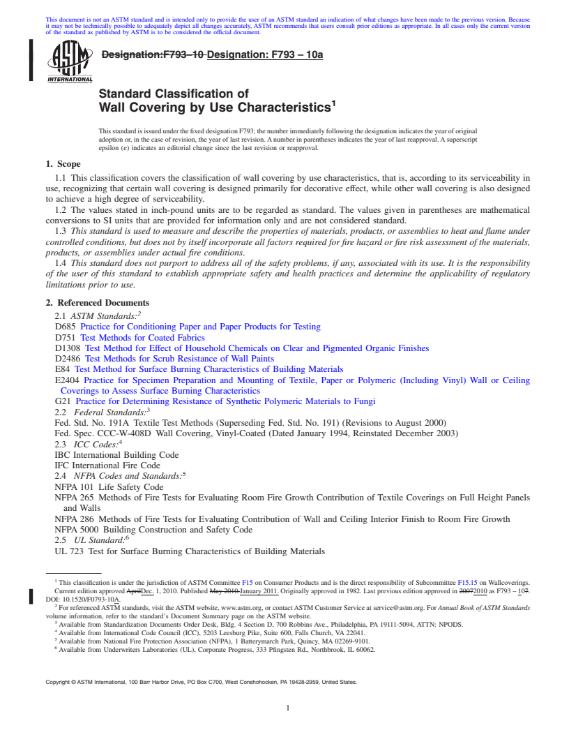 REDLINE ASTM F793-10a - Standard Classification of Wall Covering by Use Characteristics