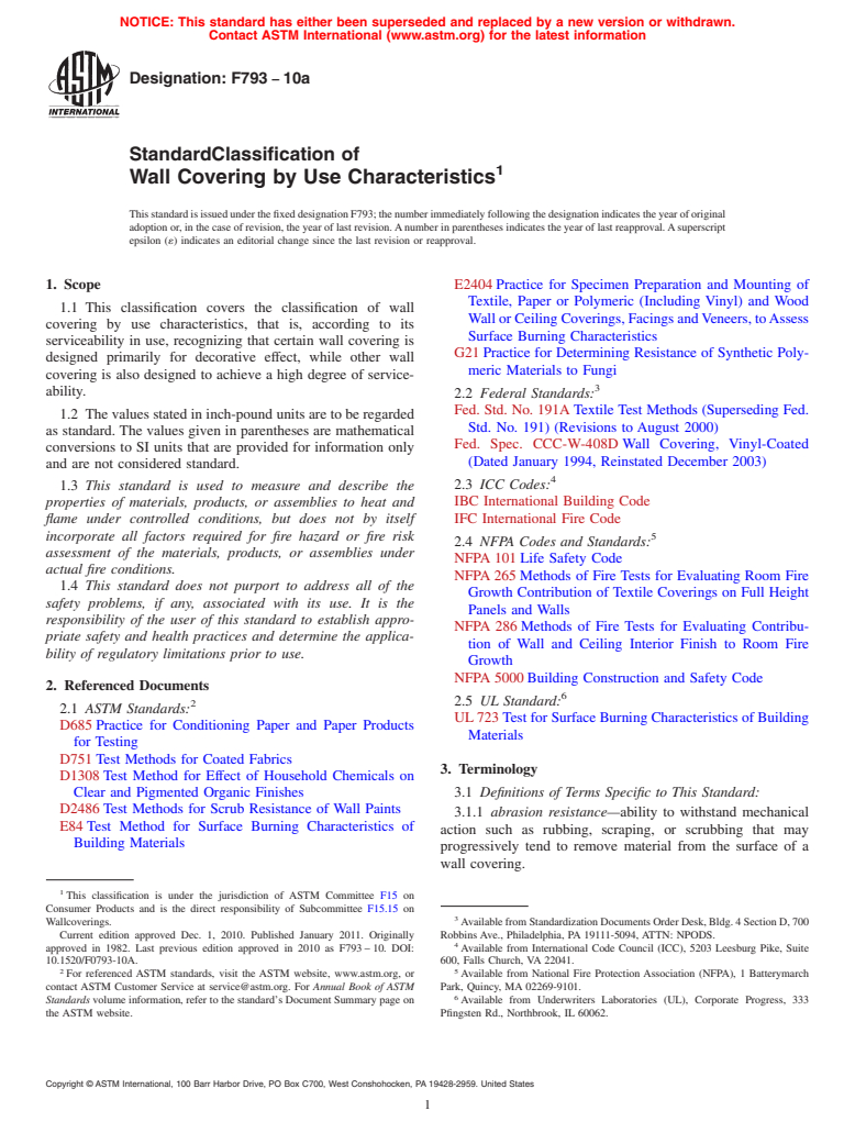 ASTM F793-10a - Standard Classification of Wall Covering by Use Characteristics