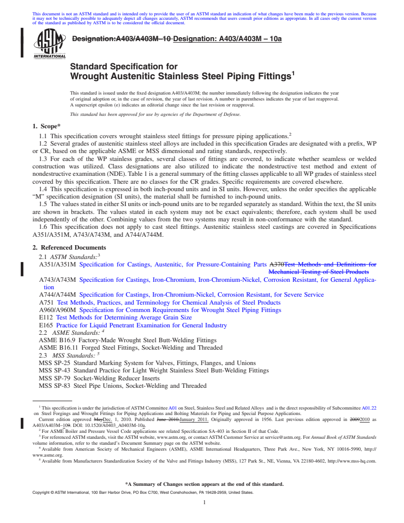 REDLINE ASTM A403/A403M-10a - Standard Specification for Wrought Austenitic Stainless Steel Piping Fittings
