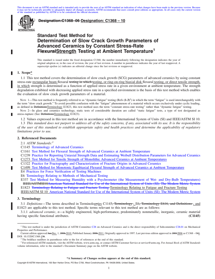 REDLINE ASTM C1368-10 - Standard Test Method for Determination of Slow Crack Growth Parameters of Advanced Ceramics by Constant Stress-Rate Strength Testing at Ambient Temperature