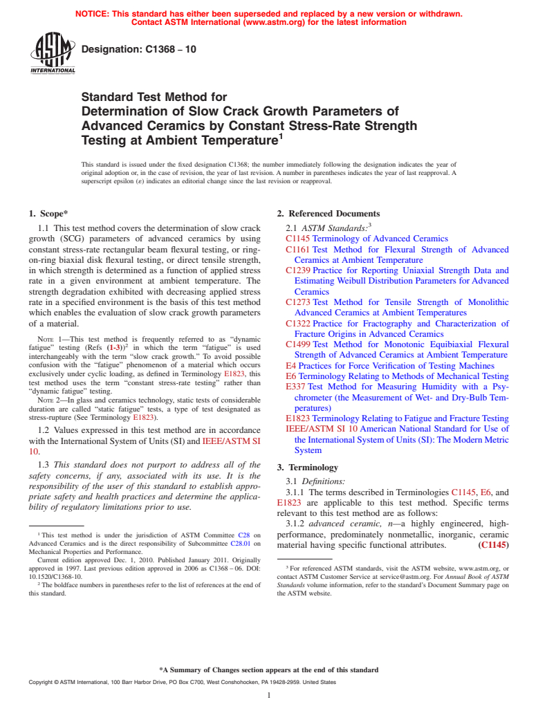 ASTM C1368-10 - Standard Test Method for Determination of Slow Crack Growth Parameters of Advanced Ceramics by Constant Stress-Rate Strength Testing at Ambient Temperature