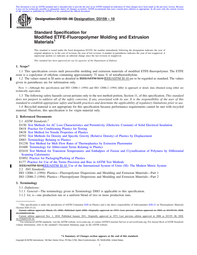 REDLINE ASTM D3159-10 - Standard Specification for Modified ETFE-Fluoropolymer Molding and Extrusion Materials