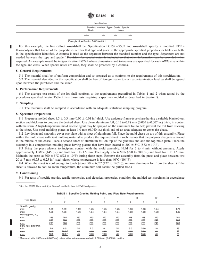 REDLINE ASTM D3159-10 - Standard Specification for Modified ETFE-Fluoropolymer Molding and Extrusion Materials