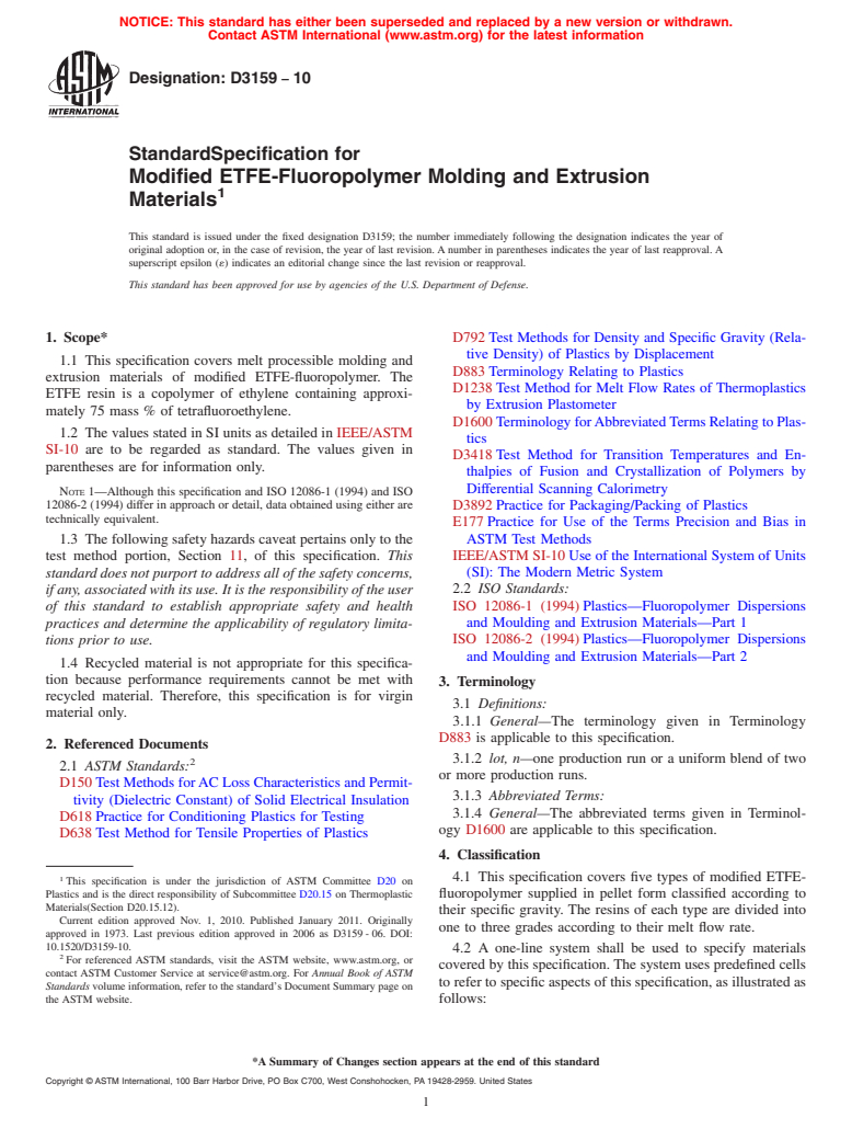 ASTM D3159-10 - Standard Specification for Modified ETFE-Fluoropolymer Molding and Extrusion Materials