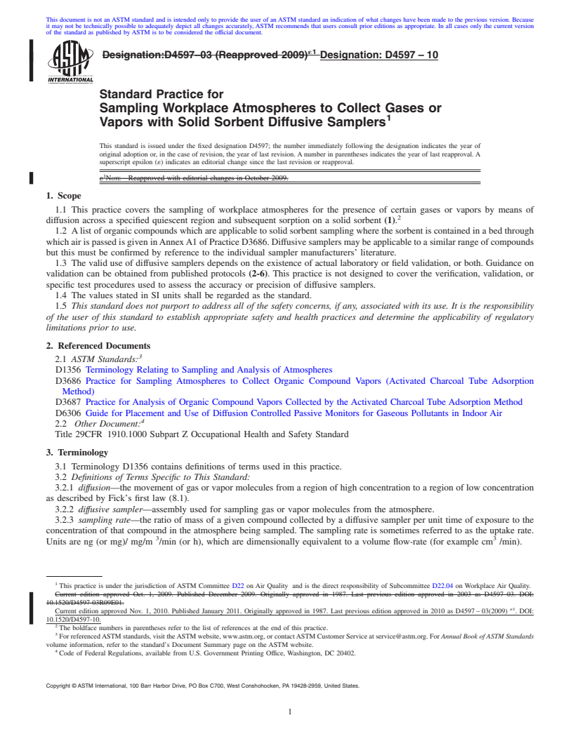 REDLINE ASTM D4597-10 - Standard Practice for Sampling Workplace Atmospheres to Collect Gases or Vapors with Solid Sorbent Diffusive Samplers