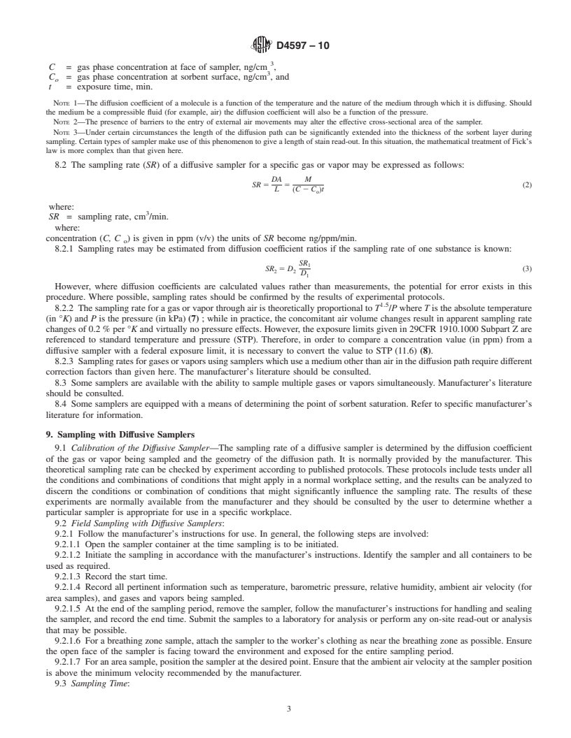 REDLINE ASTM D4597-10 - Standard Practice for Sampling Workplace Atmospheres to Collect Gases or Vapors with Solid Sorbent Diffusive Samplers