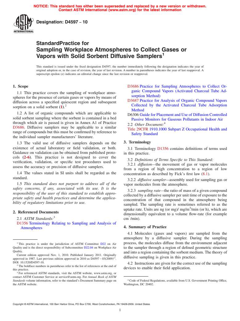 ASTM D4597-10 - Standard Practice for Sampling Workplace Atmospheres to Collect Gases or Vapors with Solid Sorbent Diffusive Samplers