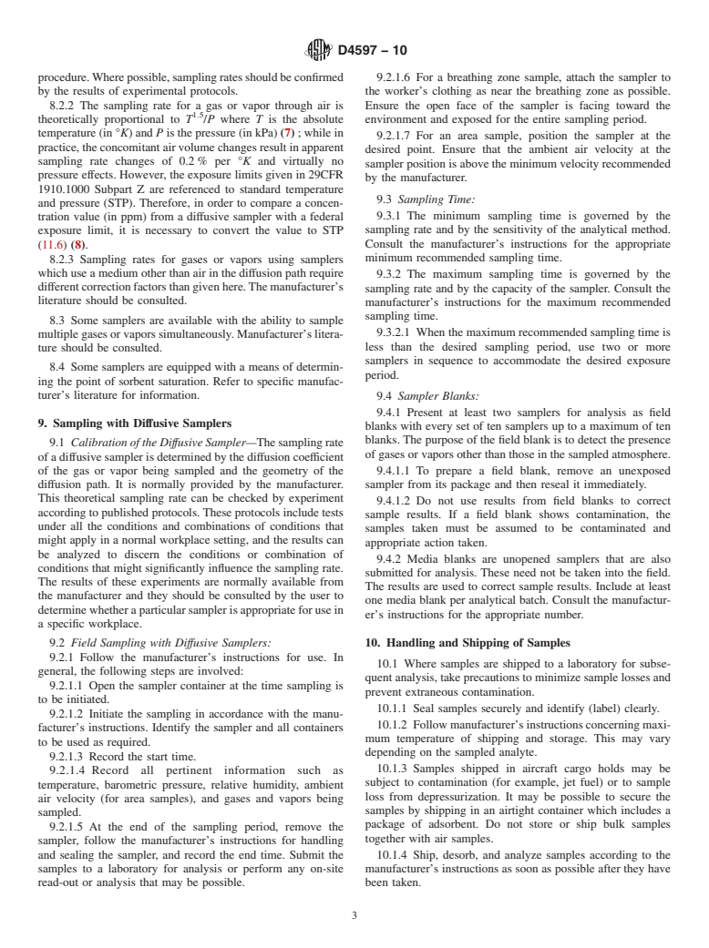 ASTM D4597-10 - Standard Practice for Sampling Workplace Atmospheres to Collect Gases or Vapors with Solid Sorbent Diffusive Samplers