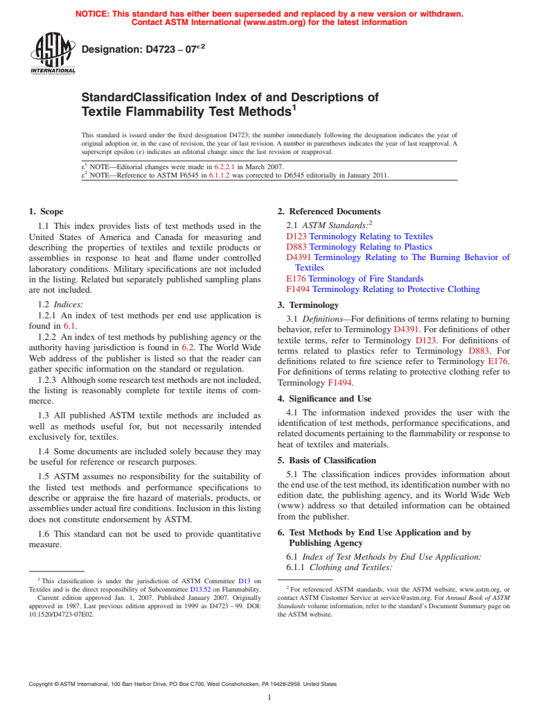 ASTM D4723-07e2 - Standard Classification Index of and Descriptions of Textile Flammability Test Methods (Withdrawn 2016)