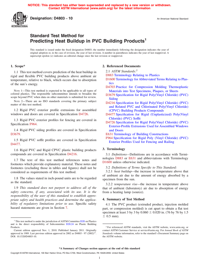 ASTM D4803-10 - Standard Test Method for Predicting Heat Buildup in PVC Building Products