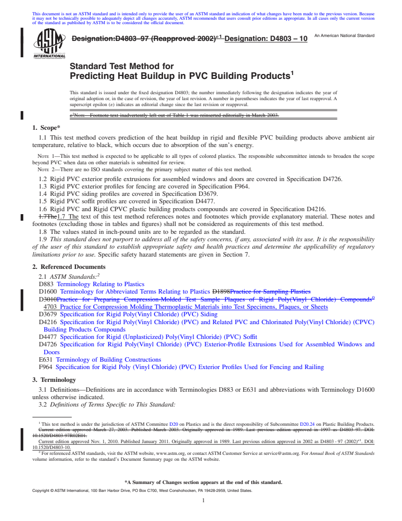 REDLINE ASTM D4803-10 - Standard Test Method for Predicting Heat Buildup in PVC Building Products