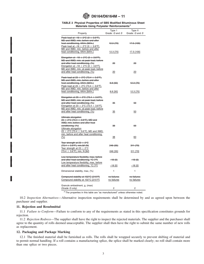 REDLINE ASTM D6164/D6164M-11 - Standard Specification for Styrene Butadiene Styrene (SBS) Modified Bituminous Sheet Materials Using Polyester Reinforcements