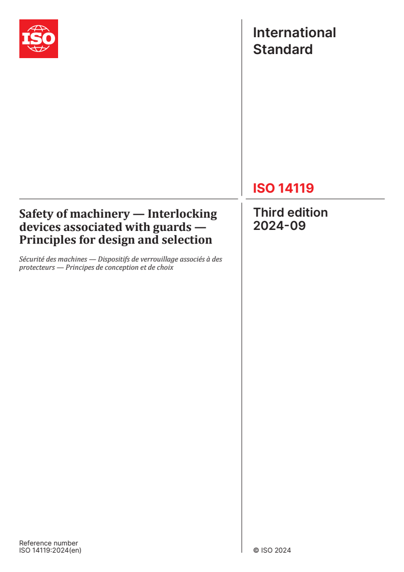 ISO 14119:2024 - Safety of machinery — Interlocking devices associated with guards — Principles for design and selection
Released:10. 09. 2024