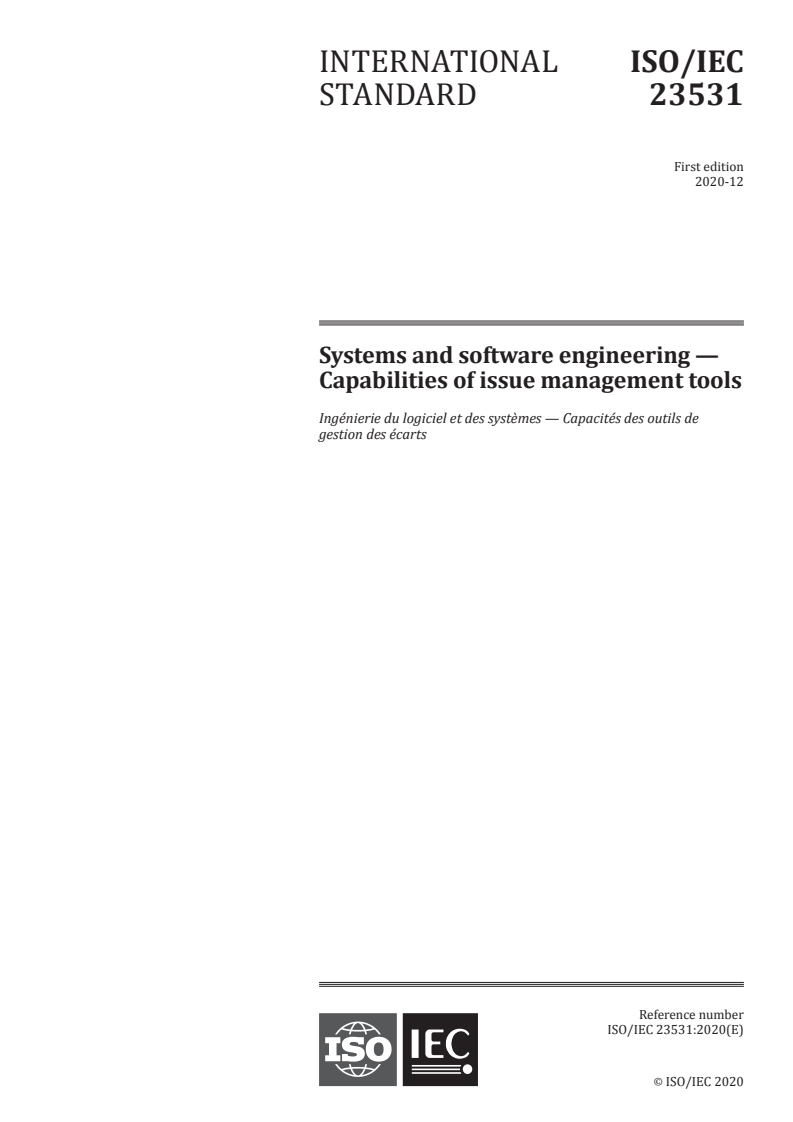 ISO/IEC 23531:2020 ISO/IEC 23531:2020 - Systems and software engineering — Capabilities of issue management tools
Released:12/21/2020