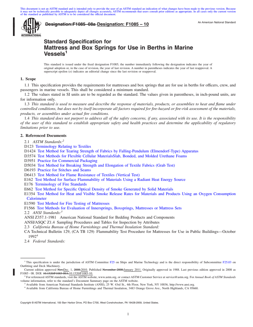 REDLINE ASTM F1085-10 - Standard Specification for  Mattress and Box Springs for Use in Berths in Marine Vessels