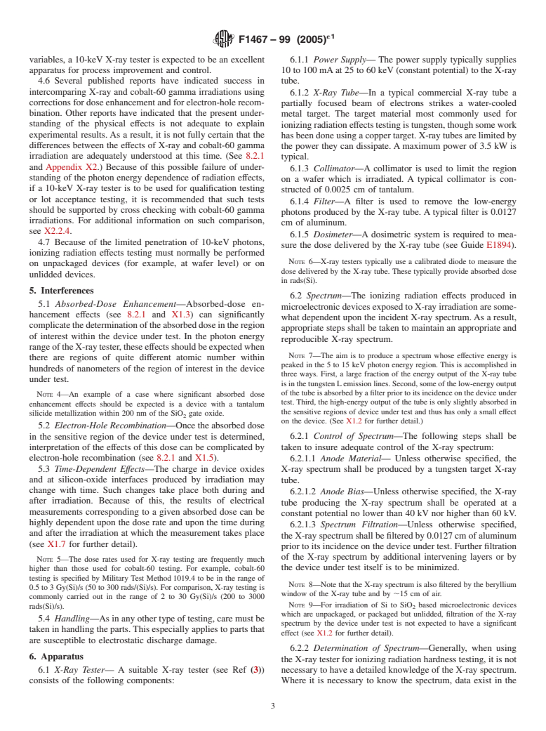 ASTM F1467-99(2005)e1 - Standard Guide for Use of an X-Ray Tester ([approximate]10 keV Photons) in Ionizing Radiation Effects Testing of Semiconductor Devices and Microcircuits