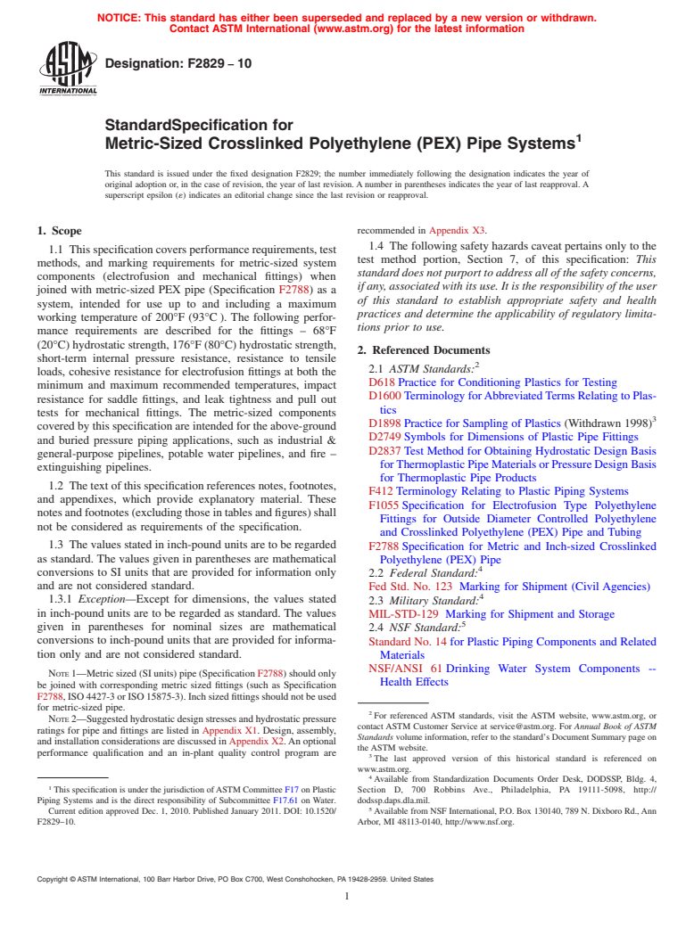 ASTM F2829-10 - Standard Specification for Metric-Sized Crosslinked Polyethylene (PEX) Pipe Systems