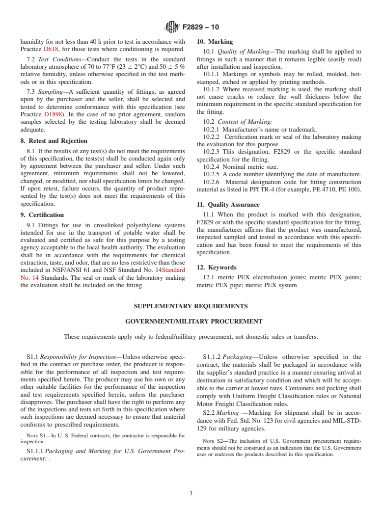 ASTM F2829-10 - Standard Specification for Metric-Sized Crosslinked Polyethylene (PEX) Pipe Systems