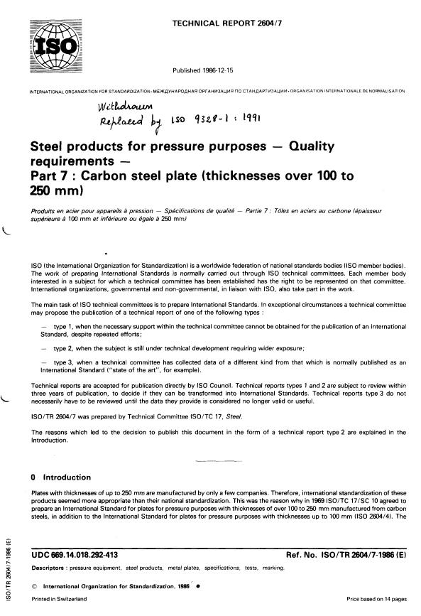 ISO/TR 2604-7:1986 - Steel products for pressure purposes -- Quality requirements