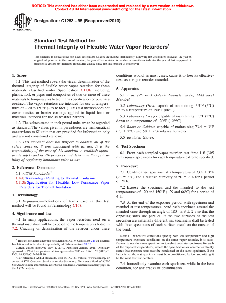 ASTM C1263-95(2010) - Standard Test Method for Thermal Integrity of Flexible Water Vapor Retarders