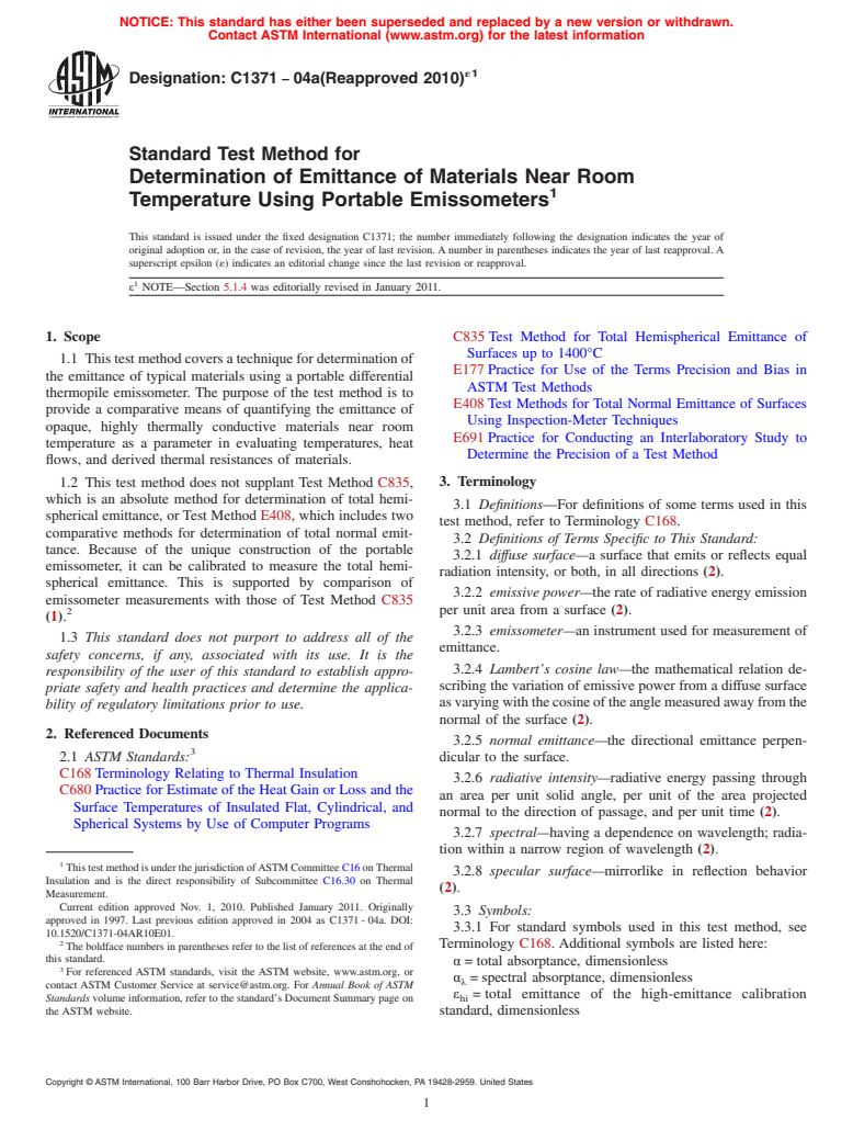 ASTM C1371-04a(2010)e1 - Standard Test Method for Determination of Emittance of Materials Near Room Temperature Using Portable Emissometers