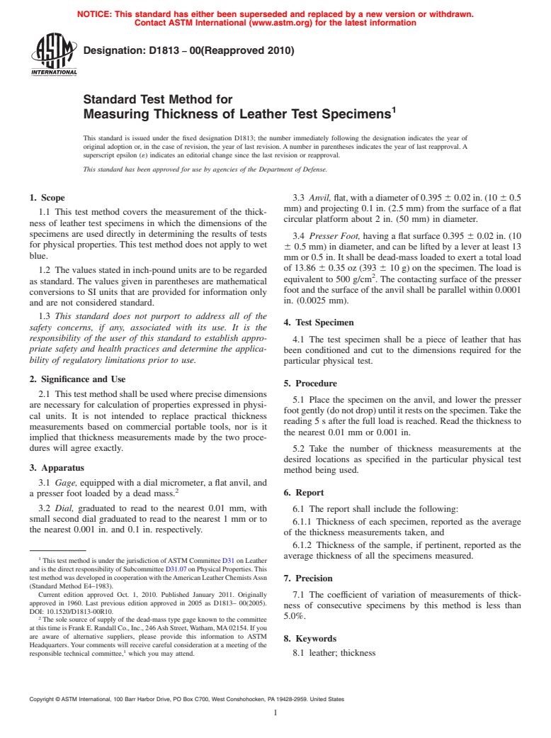 ASTM D1813-00(2010) - Standard Test Method for Measuring Thickness of Leather Test Specimens