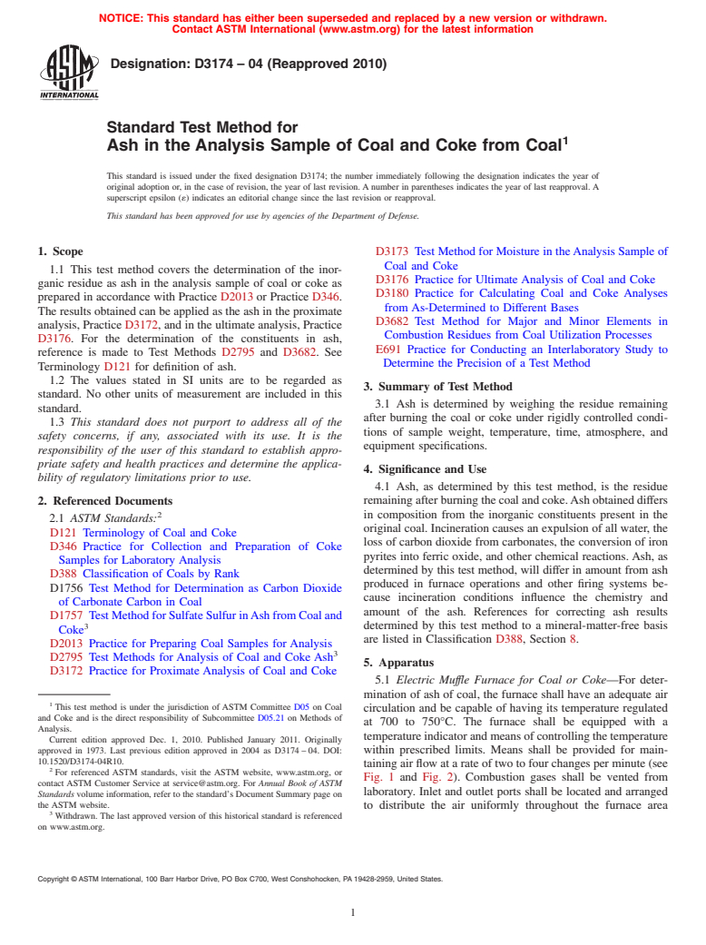 ASTM D3174-04(2010) - Standard Test Method for Ash in the Analysis Sample of Coal and Coke from Coal