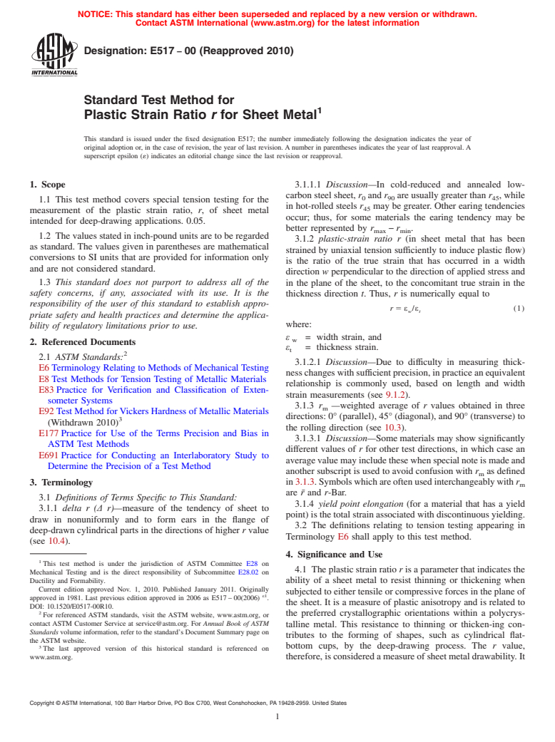 ASTM E517-00(2010) - Standard Test Method for Plastic Strain Ratio r for Sheet Metal