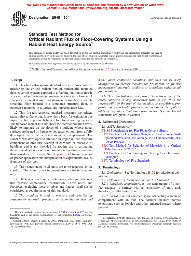 ASTM E648-10e1 - Standard Test Method for  Critical Radiant Flux of Floor-Covering Systems Using a Radiant Heat Energy Source