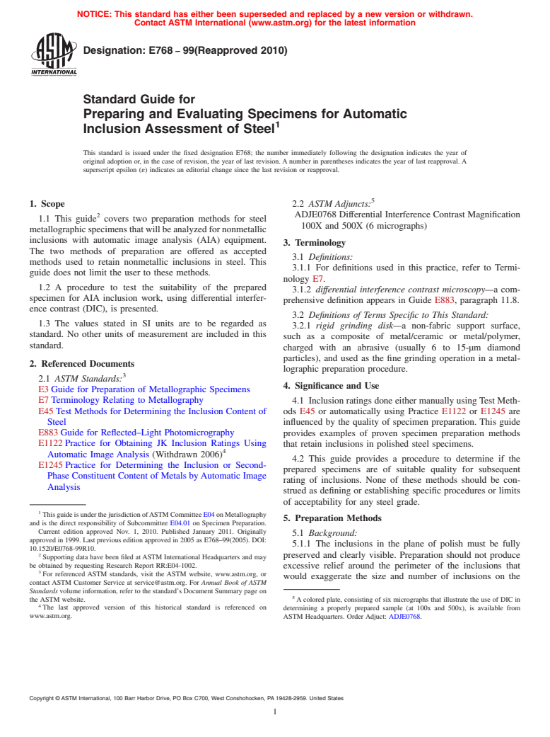 ASTM E768-99(2010) - Standard Guide for Preparing and Evaluating Specimens for Automatic Inclusion Assessment of Steel