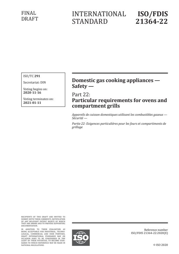 ISO/FDIS 21364-22:Version 14-nov-2020 - Domestic gas cooking appliances -- Safety