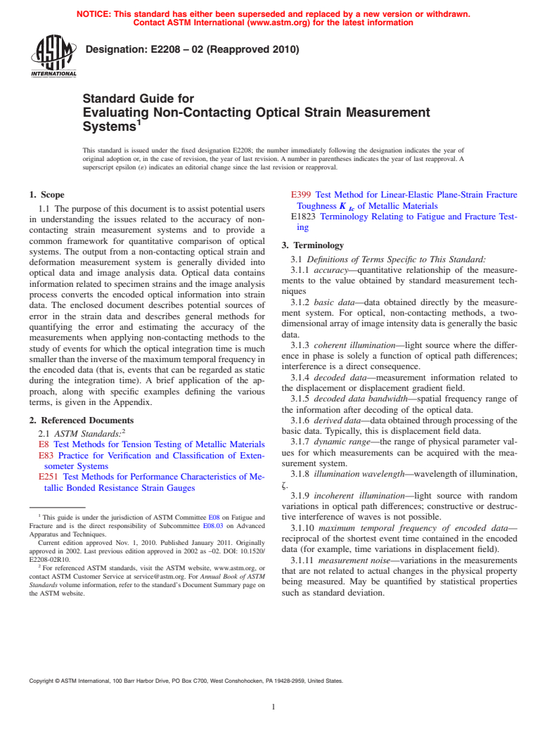 ASTM E2208-02(2010) - Standard Guide for Evaluating Non-Contacting Optical Strain Measurement Systems