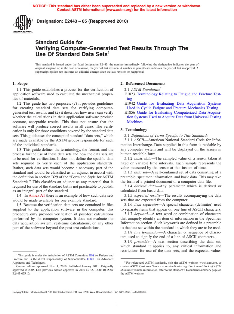 ASTM E2443-05(2010) - Standard Guide for Verifying Computer-Generated Test Results Through The Use Of Standard Data Sets