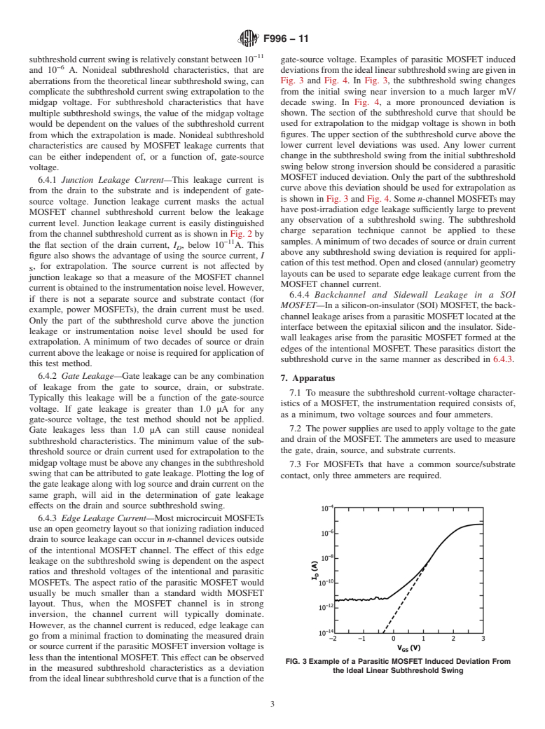 ASTM F996-11 - Standard Test Method for Separating an Ionizing Radiation-Induced MOSFET Threshold Voltage Shift Into Components Due to Oxide Trapped Holes and Interface States Using the Subthreshold Current-Voltage Characteristics