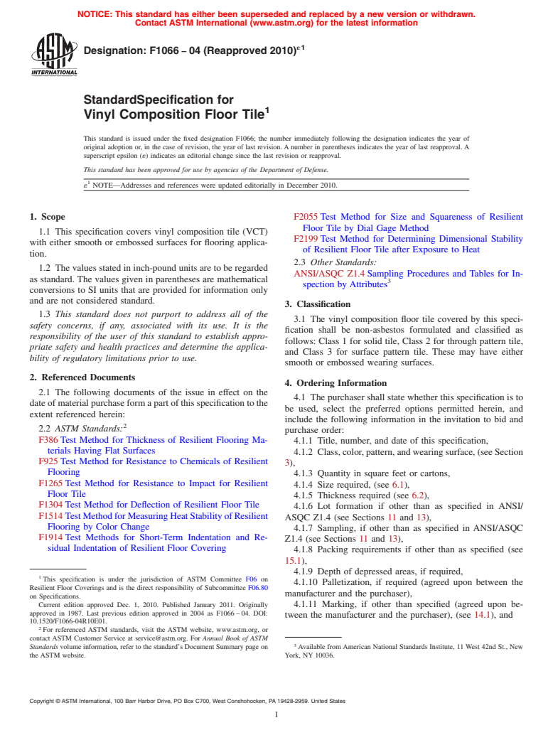 ASTM F1066-04(2010)e1 - Standard Specification for Vinyl Composition Floor Tile