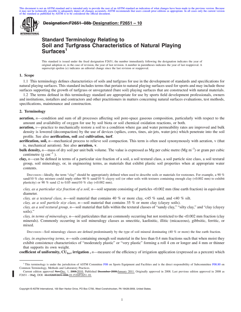 REDLINE ASTM F2651-10 - Standard Terminology Relating to Soil and Turfgrass Characteristics of Natural Playing Surfaces