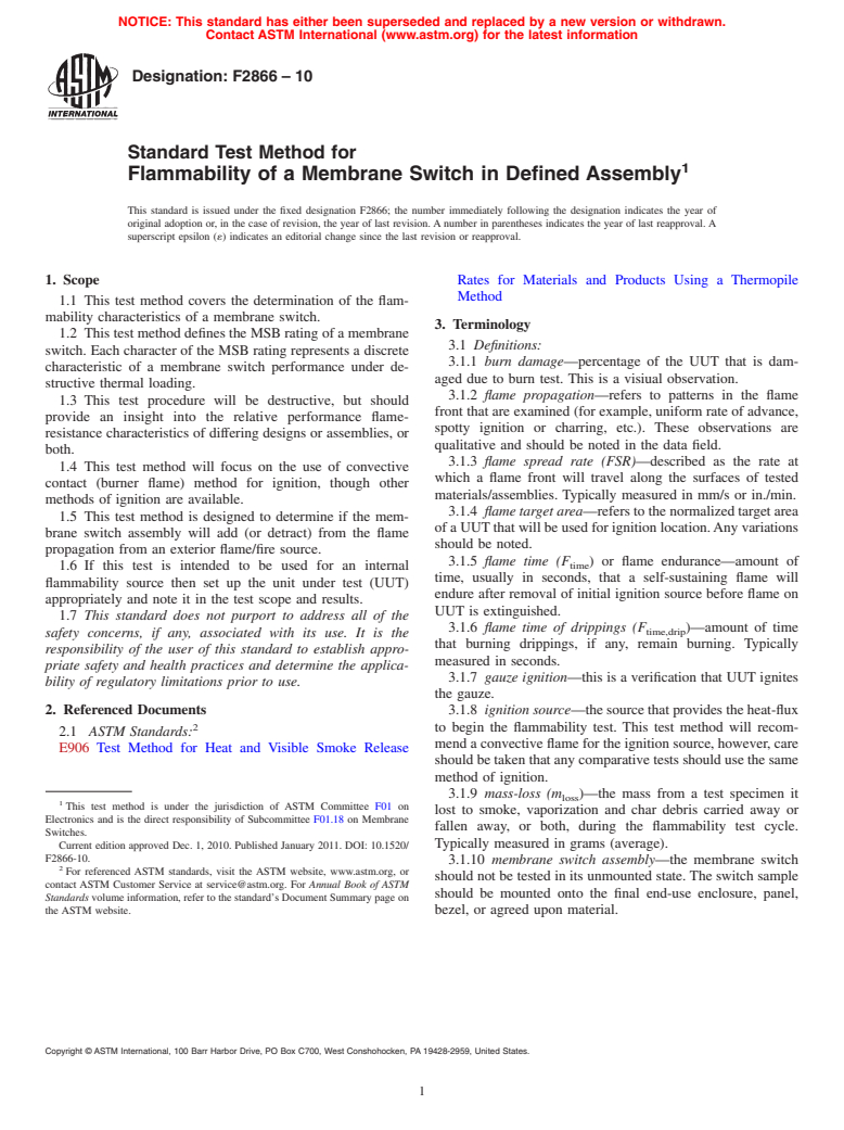 ASTM F2866-10 - Standard Test Method for Flammability of a Membrane Switch in Defined Assembly