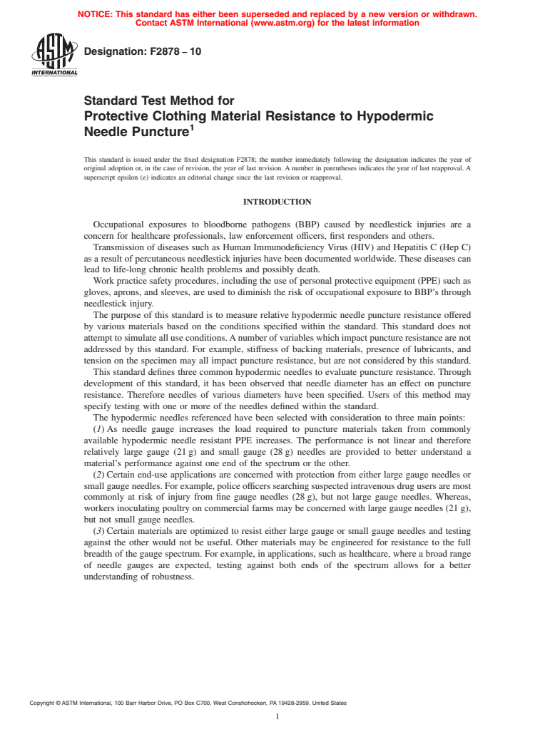 ASTM F2878-10 - Standard Test Method for Protective Clothing Material Resistance to Hypodermic Needle Puncture