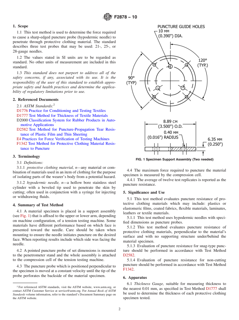 ASTM F2878-10 - Standard Test Method for Protective Clothing Material Resistance to Hypodermic Needle Puncture